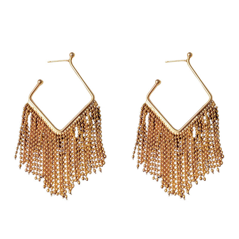 Luxury Metal V-Shaped Bead Chain Tassel Earrings – Geometric Design