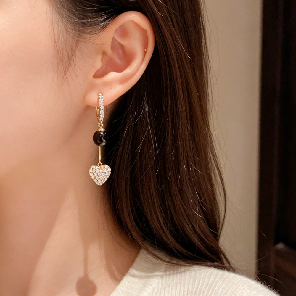 Eaioncol Black Ball Heart CZ Tassel Hoop Earrings 14K Gold Plated