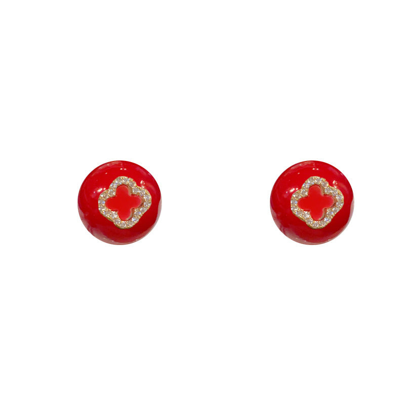 Luxury 4 Leaf Flower Two-Way Red Pearl Stud Earrings – Elegant Design