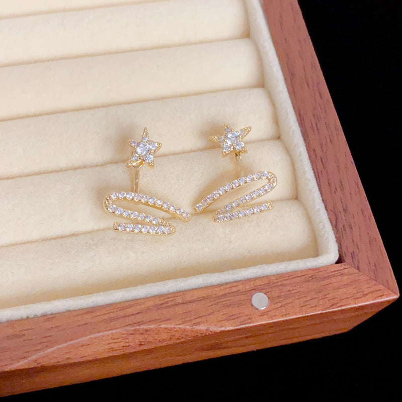 Gold 2‑Way Star Ribbon Earrings – Zircon Drop & Stud for Women