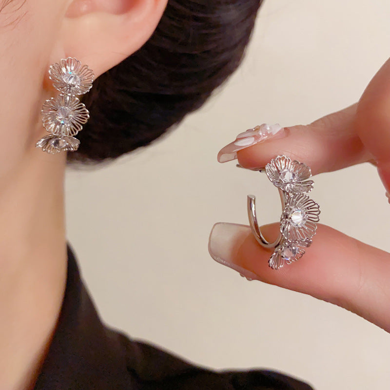 Elegant Zircon Hollow Petal Hoop Earrings – French Floral Design