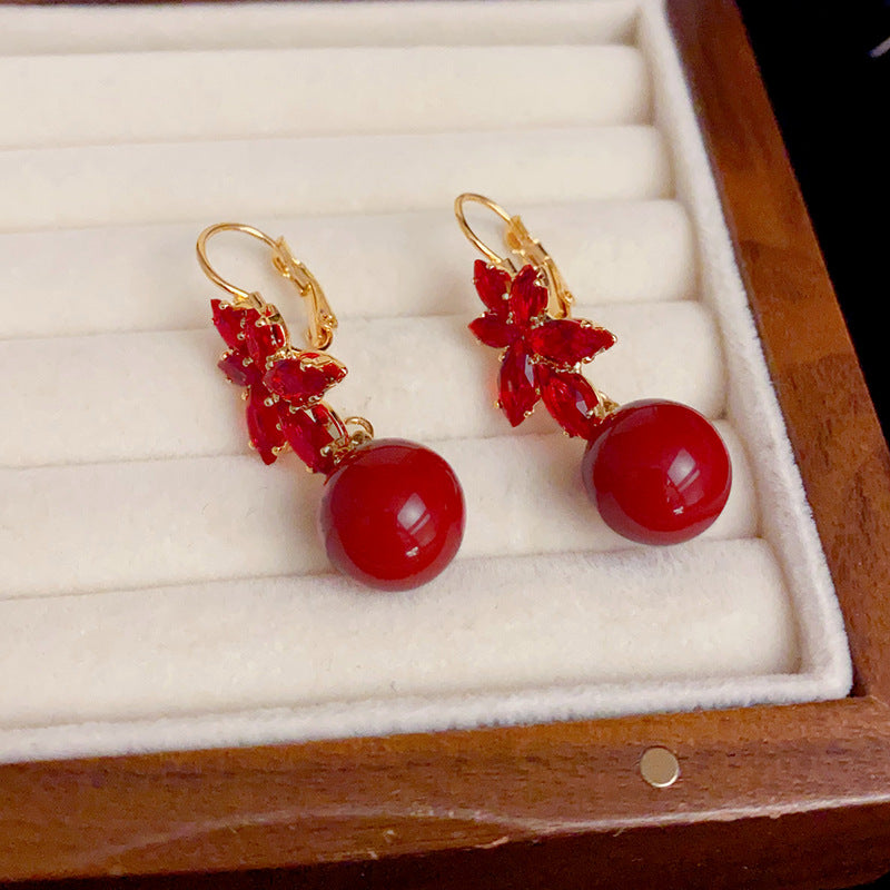 14K Gold-Plated Red Zircon Maple Leaf Pearl Earrings - New Year Design