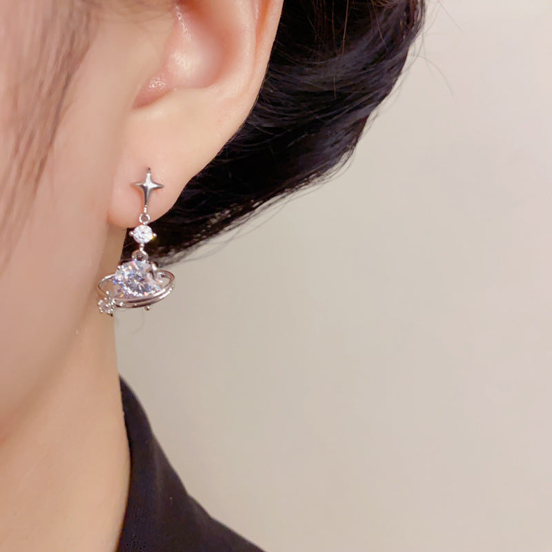 Elegant Zircon Star Planet Tassel Drop Earrings – Asymmetric Design