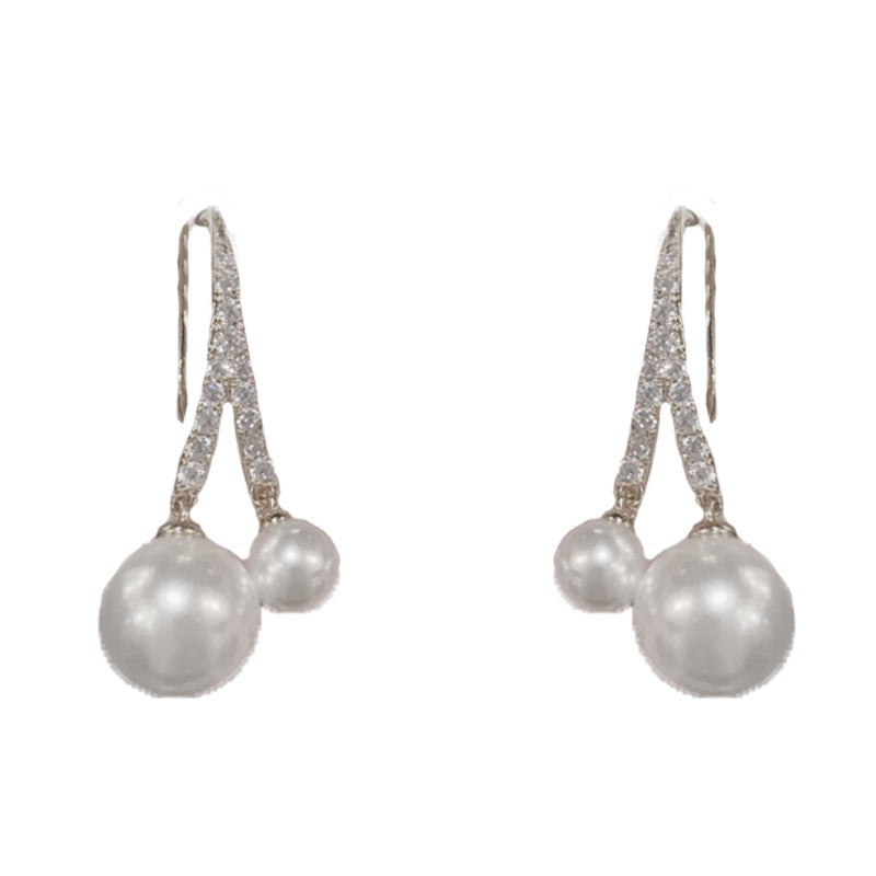 Elegant Zircon Dual Pearl Drop Earrings – Gold-Plated or Silver-Plated