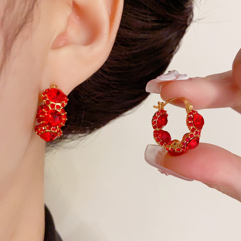 14K Gold-Plated Red Zircon Hoop Earrings - Elegant Minimalist Design