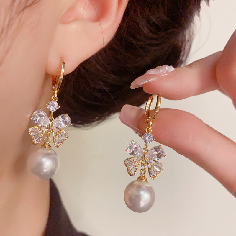 14K Gold Luxury Butterfly & Pearl Tassel Earrings – S925 Silver Needle