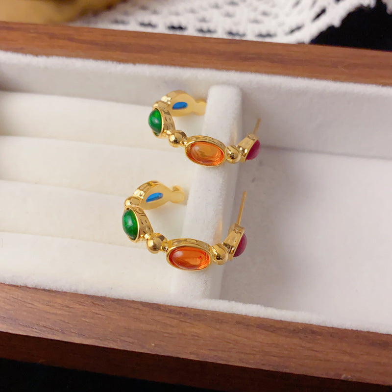 Elegant Colorful Metal C-Hoop Earrings – French Retro Design