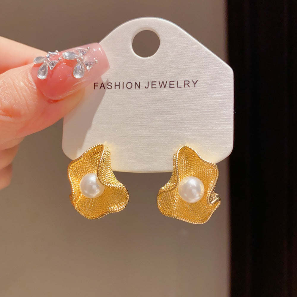 Eaioncol Pearl Textured Petal Stud Earrings Gold Silver