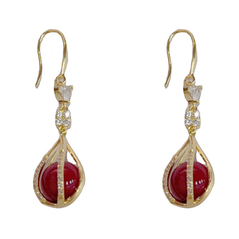 Elegant Red Pearl Teardrop Drop Earrings – French Retro Design