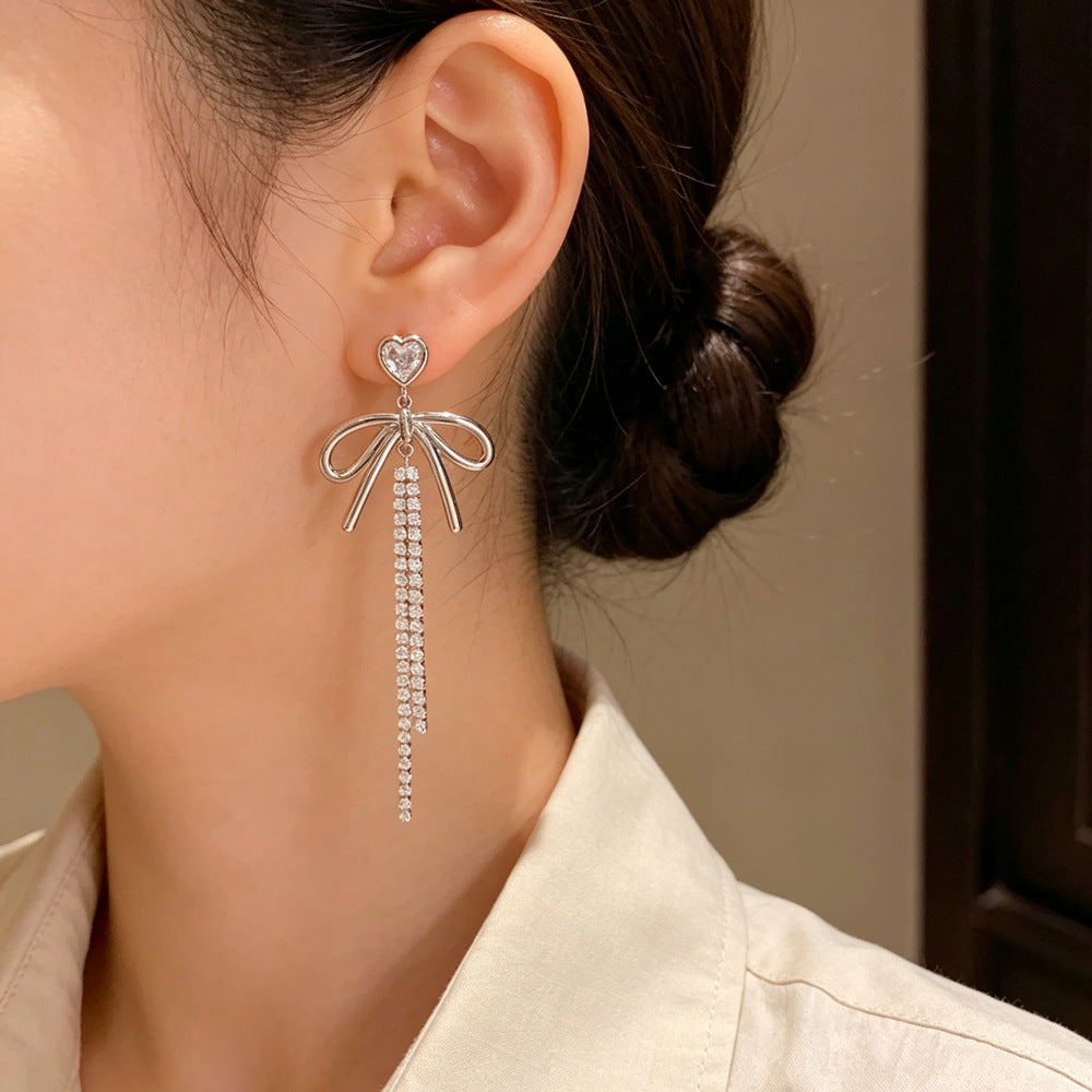 Eaioncol Bow CZ Tassel Drop Earrings Gold Silver