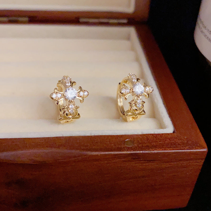 14K Gold-Plated Full-Diamond Cross Stud Earrings - Retro Chic Design