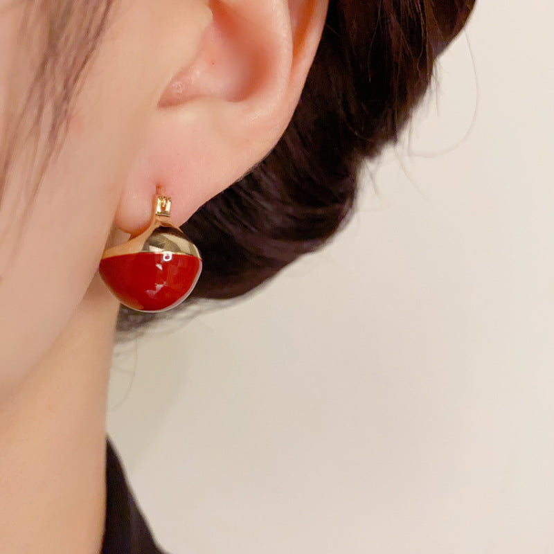 14K Gold-Plated Red Enamel Round Earrings - Chic Minimalist Design