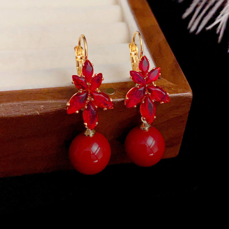 14K Gold-Plated Red Zircon Maple Leaf Pearl Earrings - New Year Design