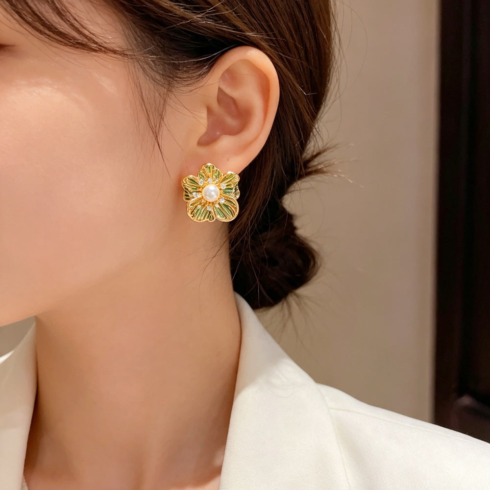 Eaioncol Green Metal Petal Pearl Hoop Earrings Gold