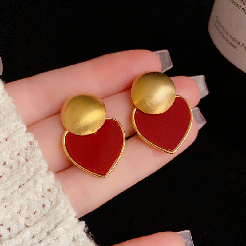 14K Gold-Plated Metallic Brushed Red Heart Earrings - Chic Minimalist