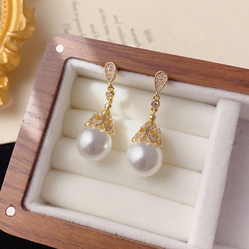 Elegant Zircon Teardrop Pearl Drop Earrings – Geometric Design