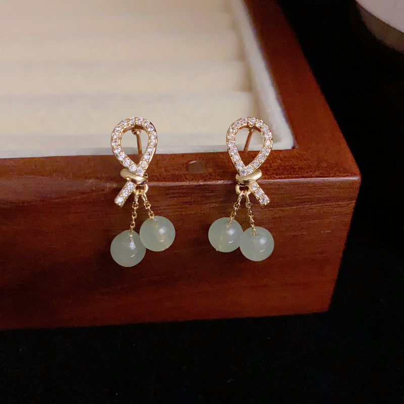 14K Gold-Plated Zircon Knot Green Bead Drop Earrings – Elegant Design