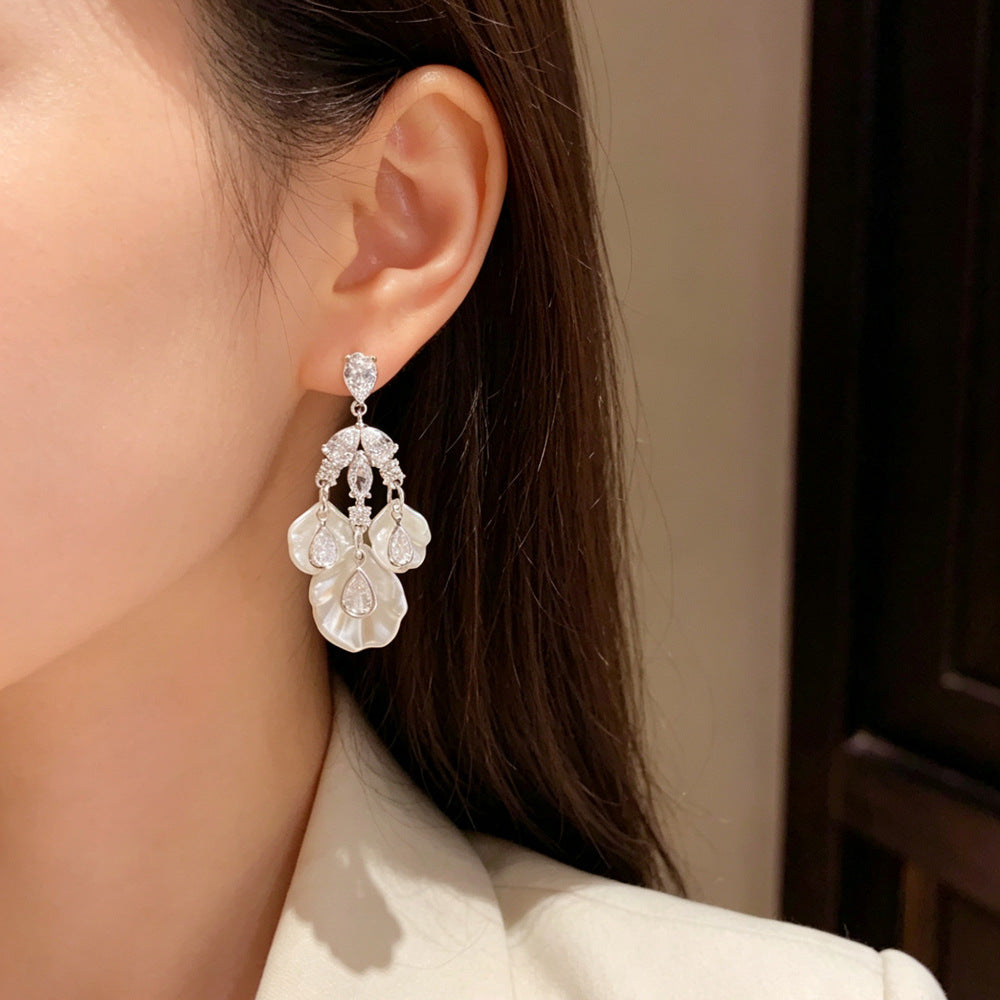 Eaioncol Silver CZ Petal Tassel Drop Earrings
