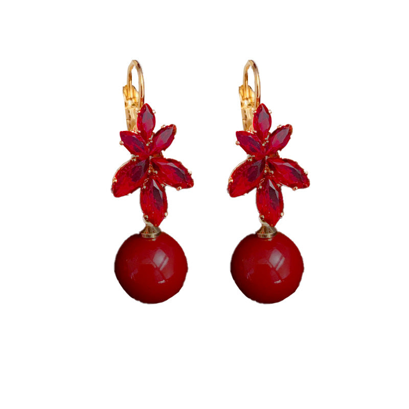 14K Gold-Plated Red Zircon Maple Leaf Pearl Earrings - New Year Design