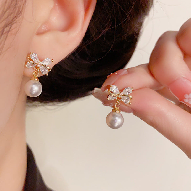 14K Gold Luxury Zircon Bow & Pearl Drop Earrings – Elegant Design