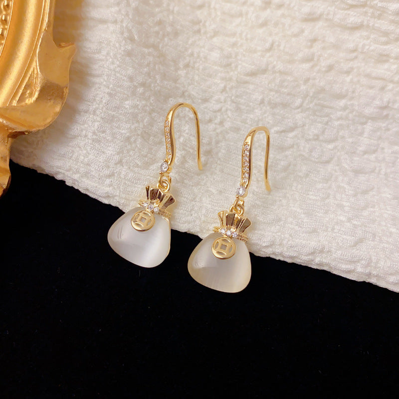 Luxury Cat's Eye Stone Money Bag Hook Earrings – Geometric Design