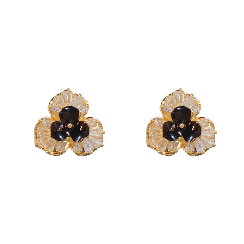 14K Gold-Plated Diamond-Studded 3-Petal Flower Earrings - Elegant Chic