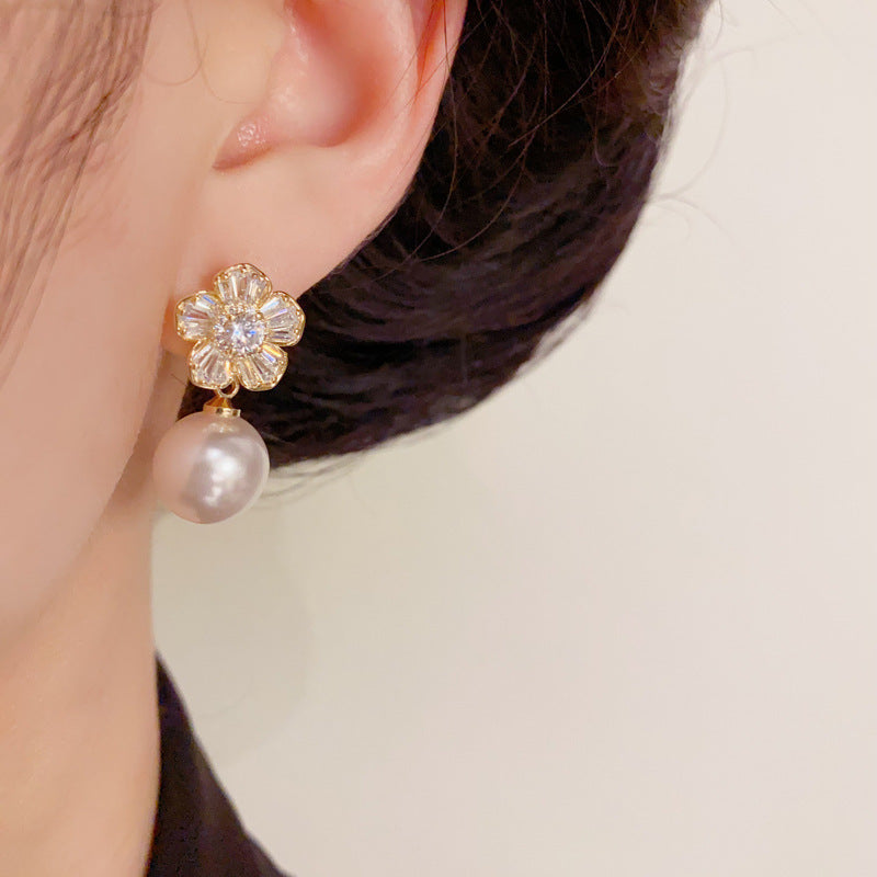 14K Gold Luxury Zircon Flower & Pearl Drop Earrings – Elegant Design