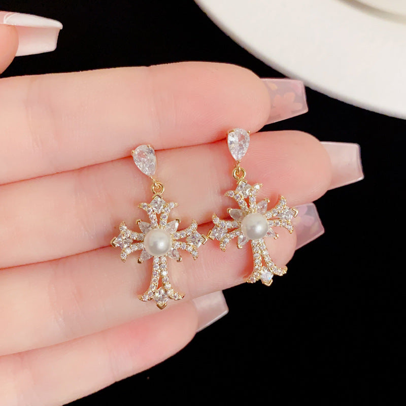 14K Gold Cross  Elegant Earrings – Cubic Zircon & Pearl for Women