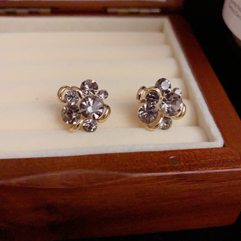 14K Gold-Plated Full Zircon Flower Stud Earrings-Elegant Floral Sparkle