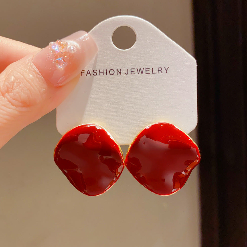 Eaioncol Irregular Wave Enamel Stud Earrings Red Khaki