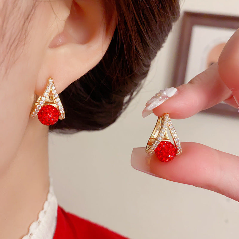 Elegant Zircon Red Ball Triangle Hoop Earrings – Geometric Design