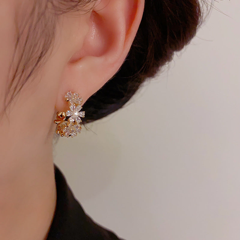 14K Gold Plated Vintage Inspired Zircon Flower Clip-On Earrings - Luxe Geometric Design