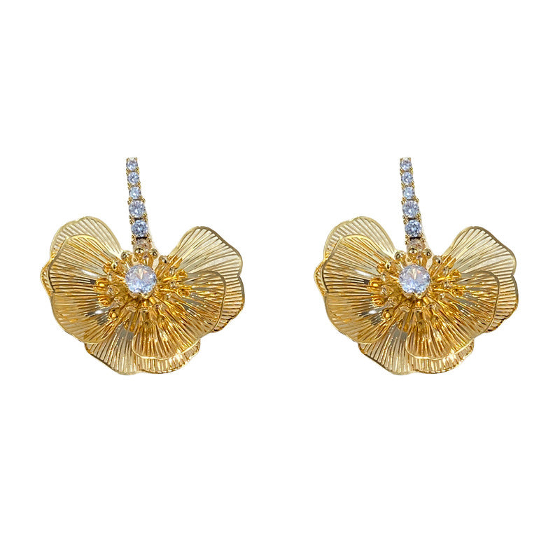 Luxury Zircon Metal Petal Drop Earrings – Bold Floral Design
