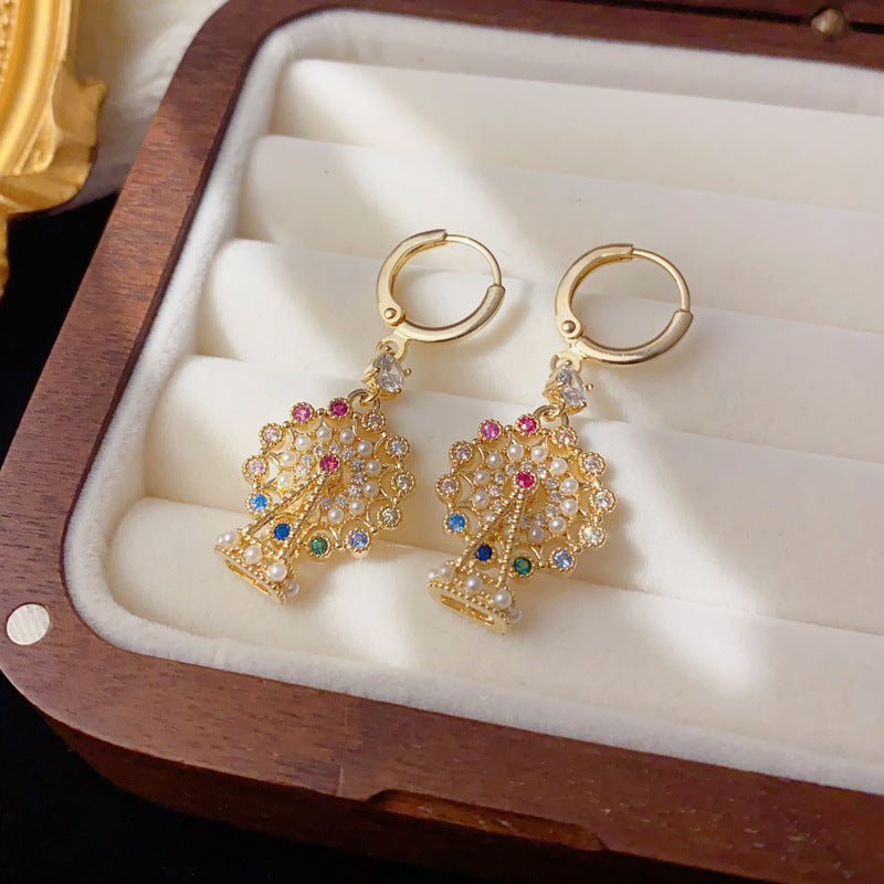 Luxury Full-Zircon Pearl Ferris Wheel Drop Earrings – Geometric Design