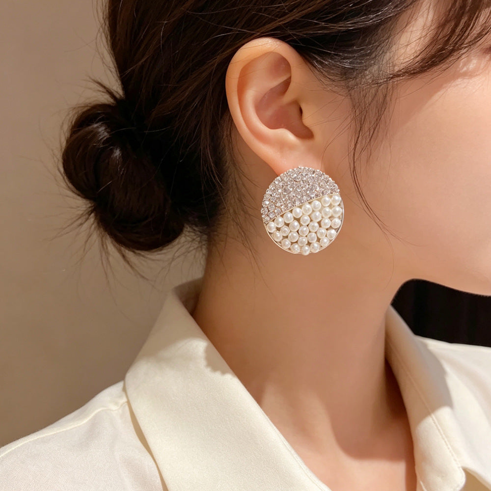 Eaioncol Rhombus Circle CZ Pearl Stud Earrings Silver