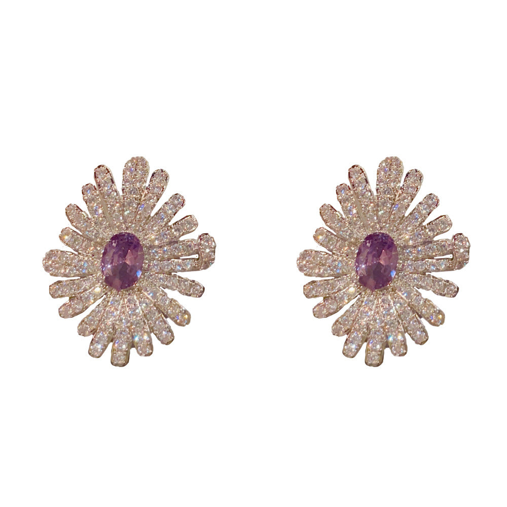 Eaioncol Daisy CZ Stud Earrings 14K Gold Plated Green Purple