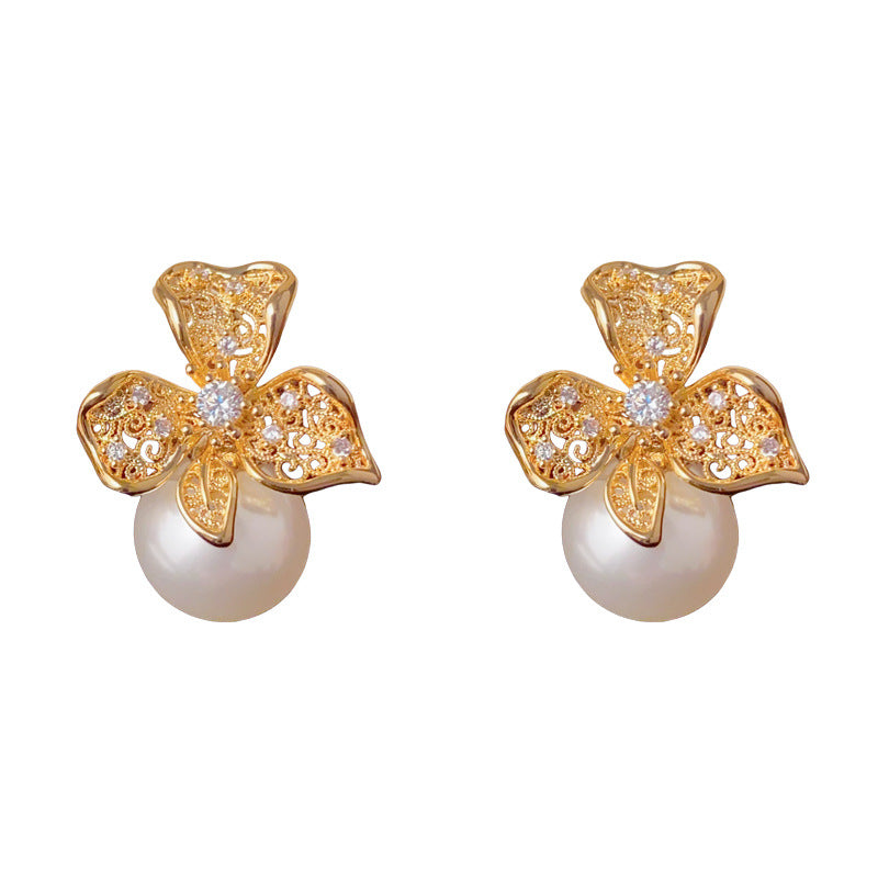 Elegant Hollow Metal Petal Pearl Stud Earrings – Floral Design
