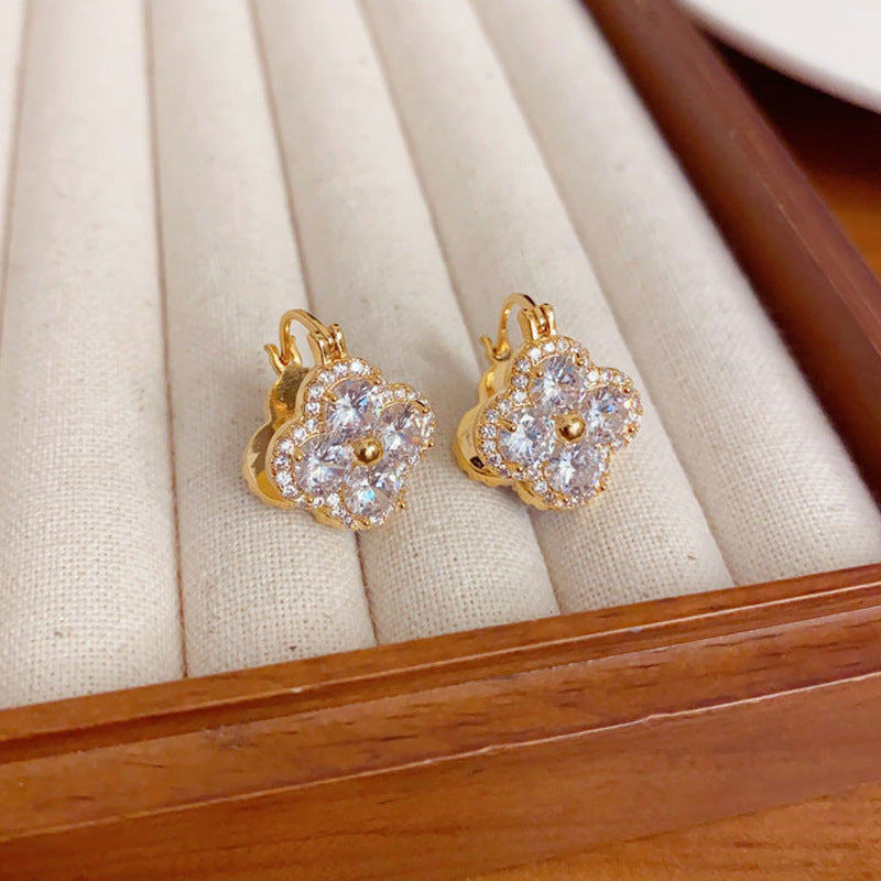 Elegant Double-Sided 4-Leaf Flower Hoop Earrings – Geometric Design