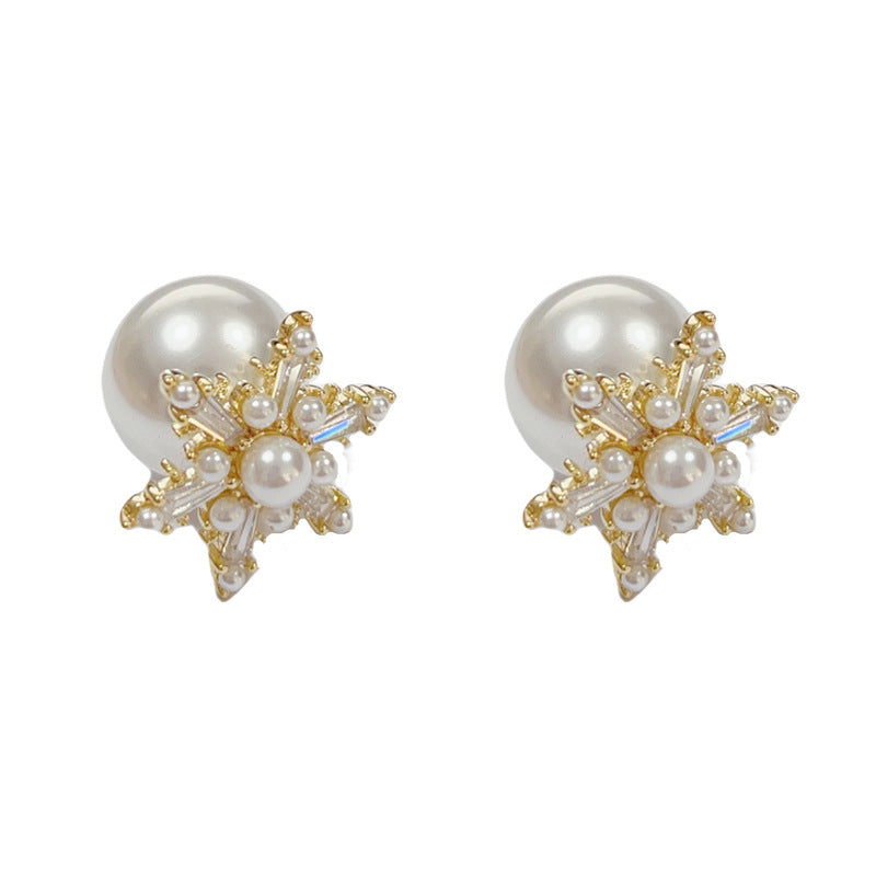 14K Gold-Plated Pearl & Zircon Snowflake Front&Back Earrings -Elegance