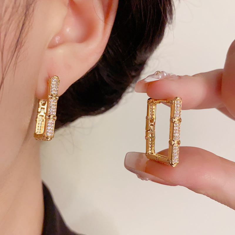 14K Gold Plated Full Zircon Geometric Square Hoop Earrings - Luxe Minimalist Design