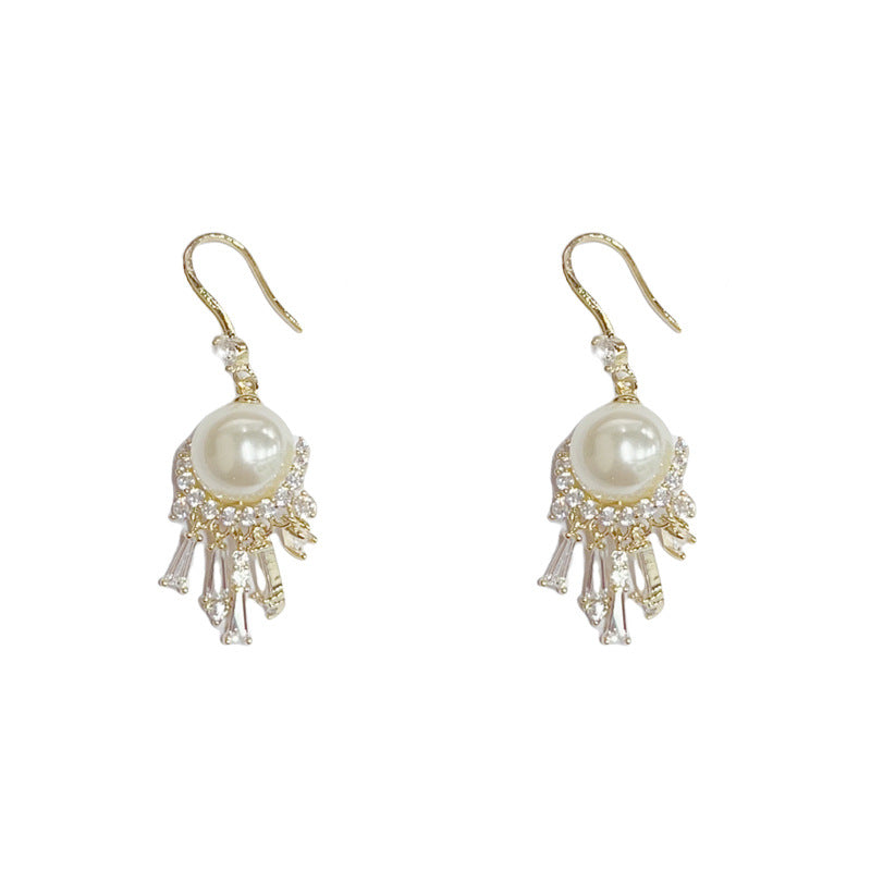 Luxury Zircon Pearl Tassel Hook Earrings – Geometric Design