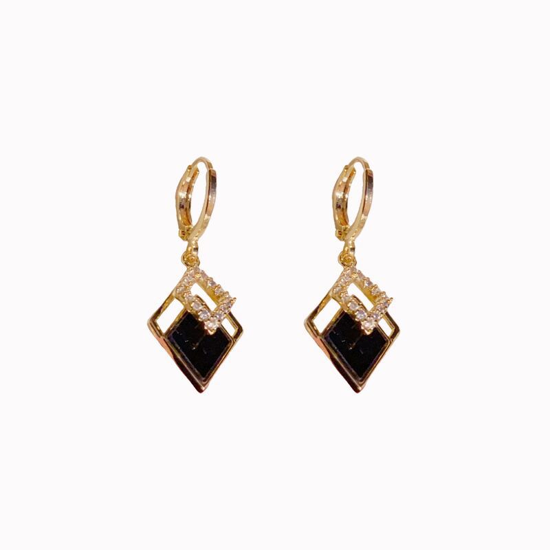 14K Gold Plated Luxury Black Double Rhombus Hoop Earrings -Stylish Geometric Design