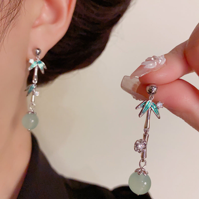 Luxury Zircon Metal Bamboo Leaf Drop Earrings – Elegant Design