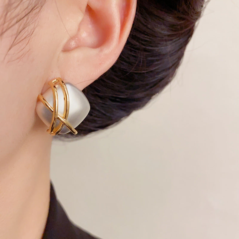 Elegant Square Color-Block Cross Stud Earrings – French Retro Design