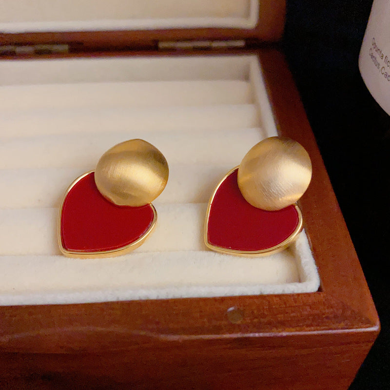 14K Gold-Plated Metallic Brushed Red Heart Earrings - Chic Minimalist