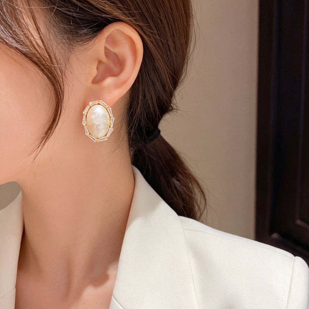 Eaioncol CZ Halo Oval Pearl Stud Earrings Gold Silver