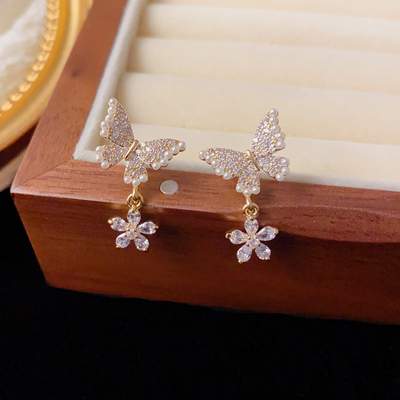 Elegant Pearl Zircon Butterfly Petal Drop Earrings – Romantic Design
