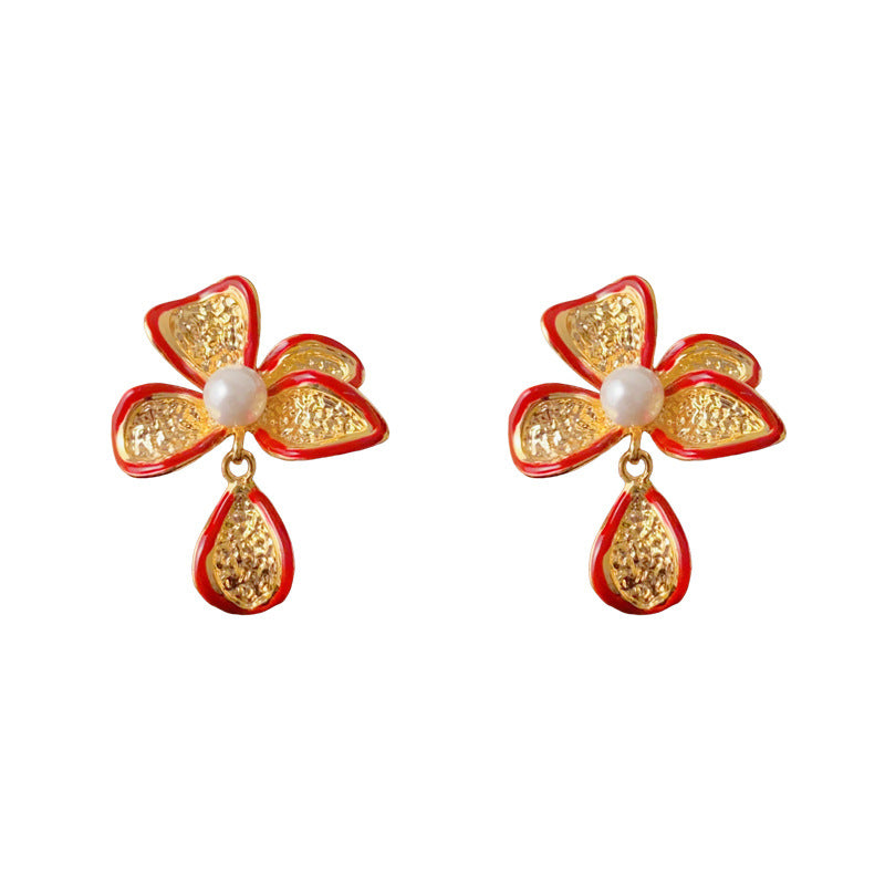 Luxury Red Metal Petal Drop Earrings – French Retro Design
