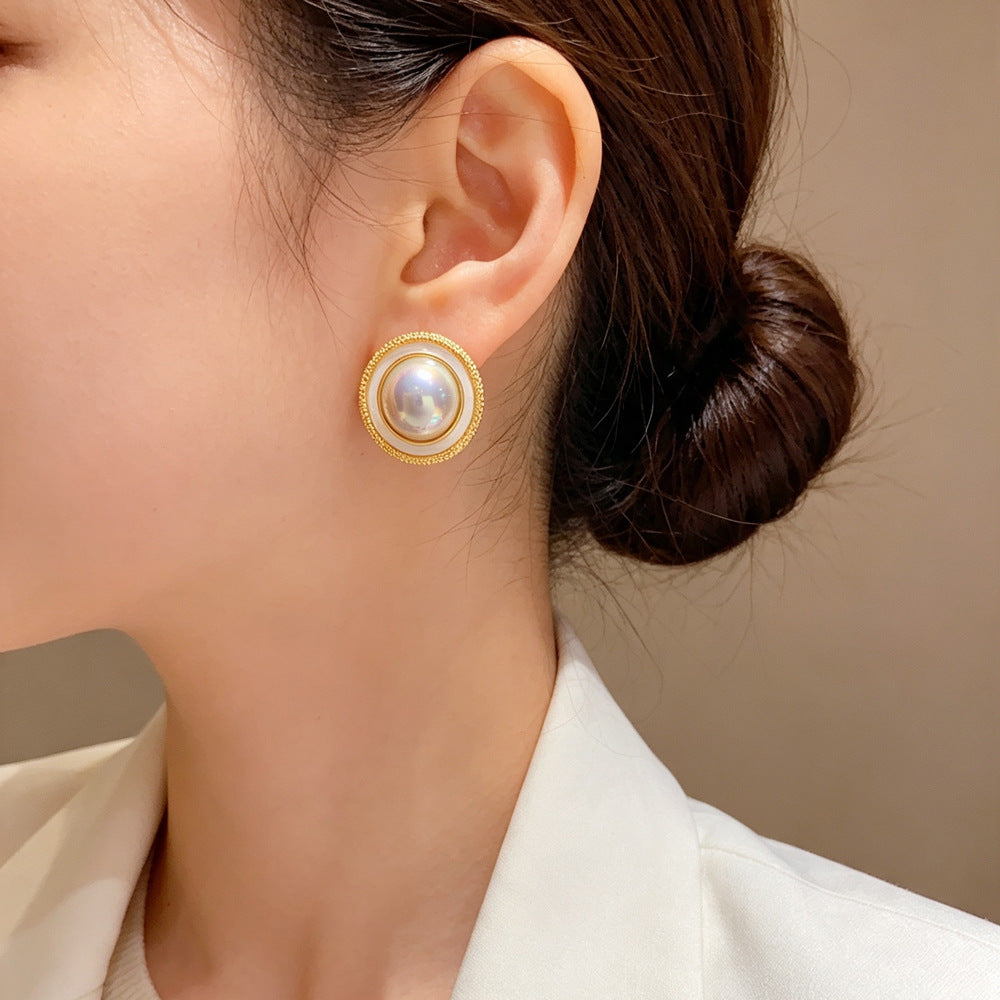 Eaioncol Iridescent Pearl Circle Stud Earrings Grey Purple