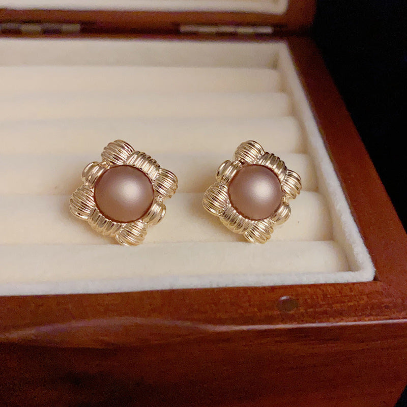 14K Gold-Plated Geometric Coffee Pearl Stud Earrings-Minimalist Design